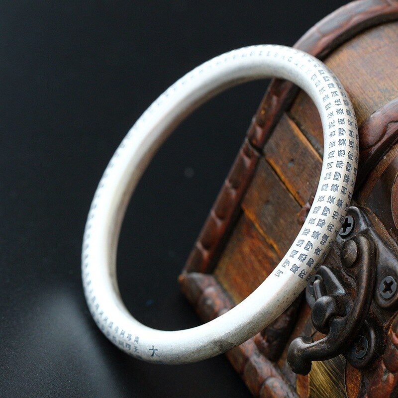 S999 Sterling Silver Handmade Buddhist Sutra Silver Bangle