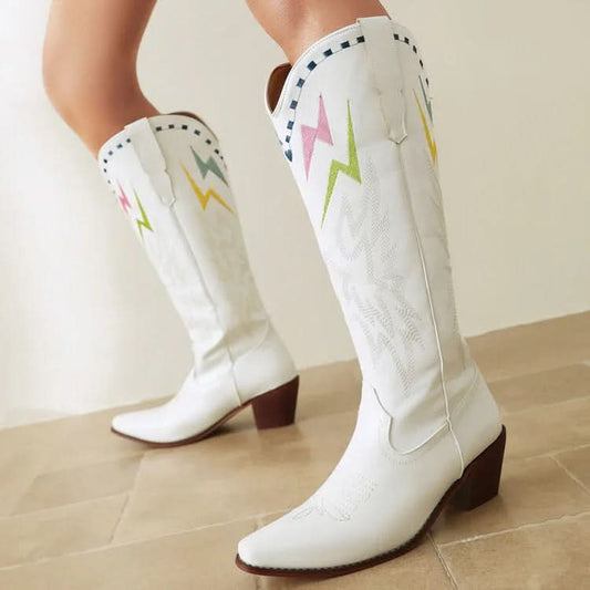 Lightning Bolt Embroidered Knee-high Unisex Plus Size Western Boots Boots Pleasures and Sins