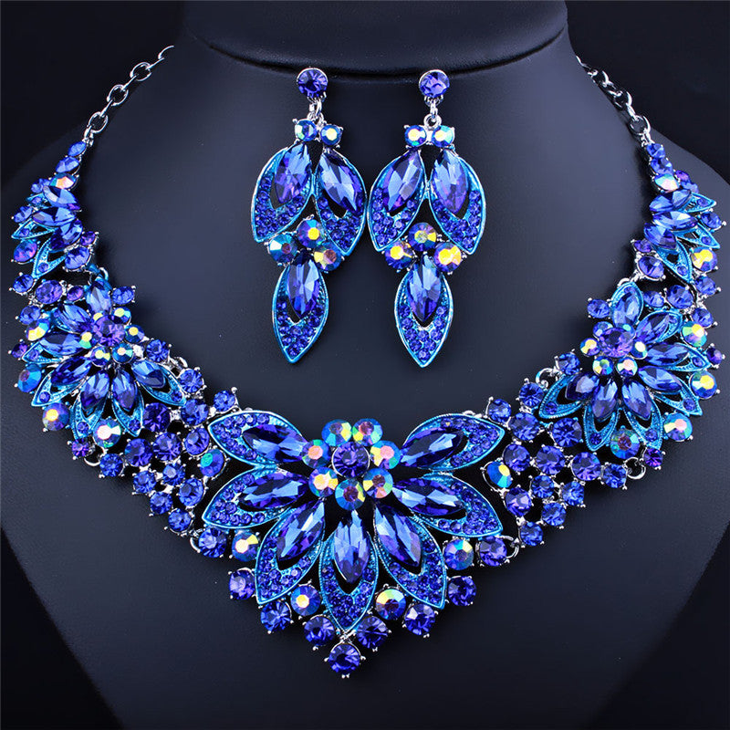 Flower Crystal Rhinestone Necklace Earrings Two-Piece Drag Queen Jewellery Set