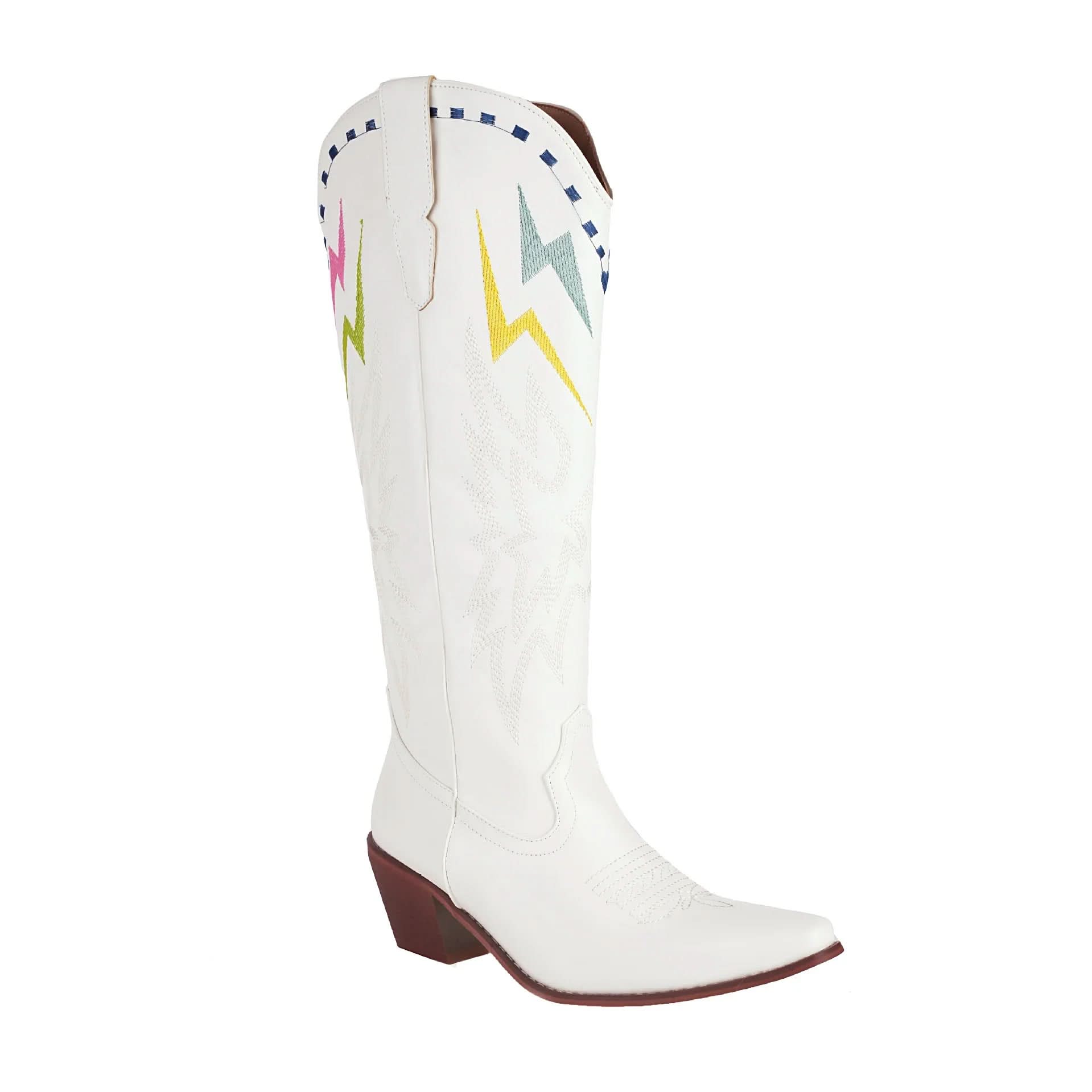 Lightning Bolt Embroidered Knee-high Unisex Plus Size Western Boots Boots Pleasures and Sins White 35