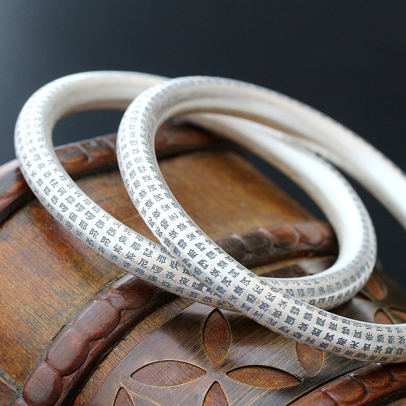 S999 Sterling Silver Handmade Buddhist Sutra Silver Bangle