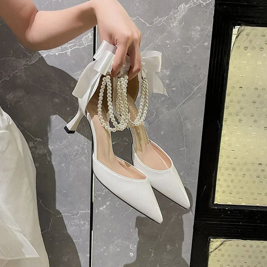 Ladies Pearl Chain Bow White Wedding Shoes Shoes Pleasures and Sins