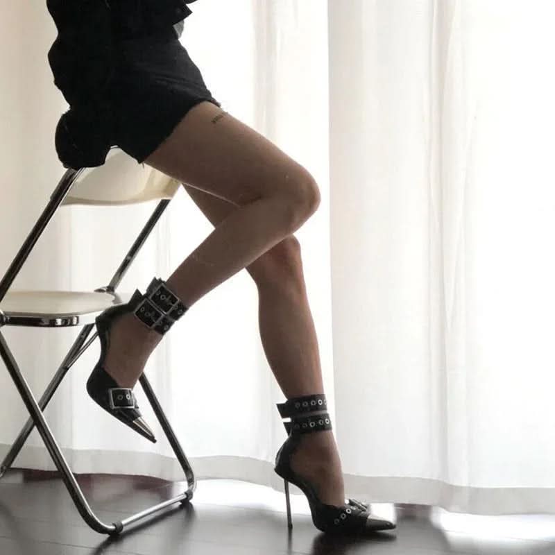 High Stiletto Heel Pointed Toe Multi Buckle Metal Toe Punk Heels Shoes Pleasures and Sins