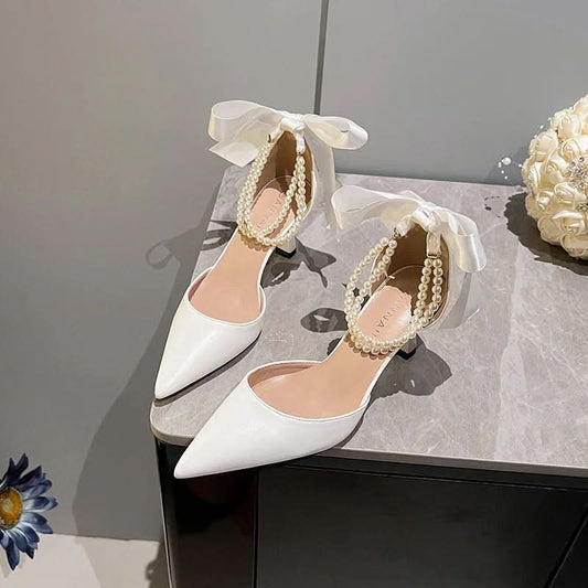 Ladies Pearl Chain Bow White Wedding Shoes Shoes Pleasures and Sins