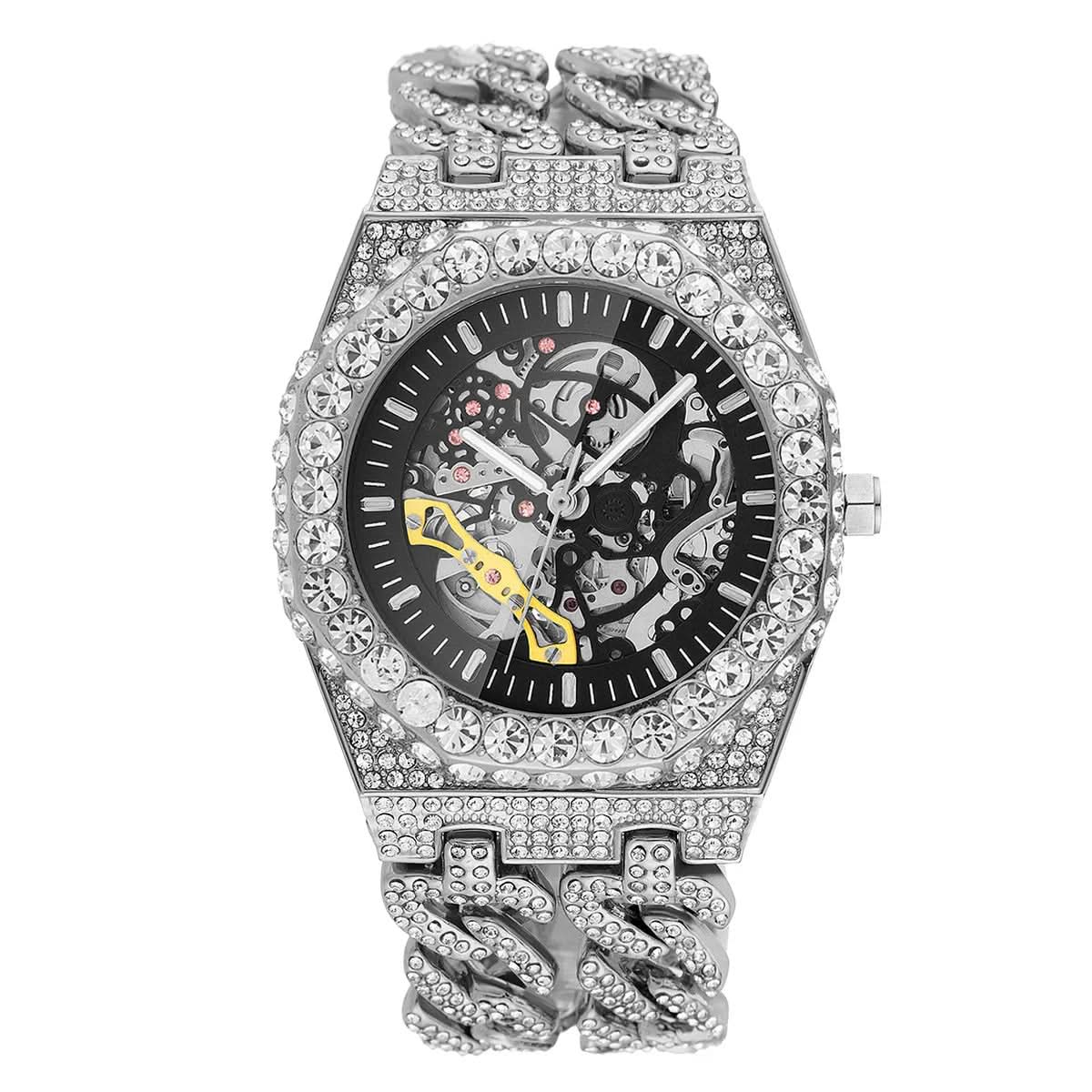 Full Diamond Cuban Link Watch - Automatic with Stunning Jewels Watch Pleasures and Sins Silver