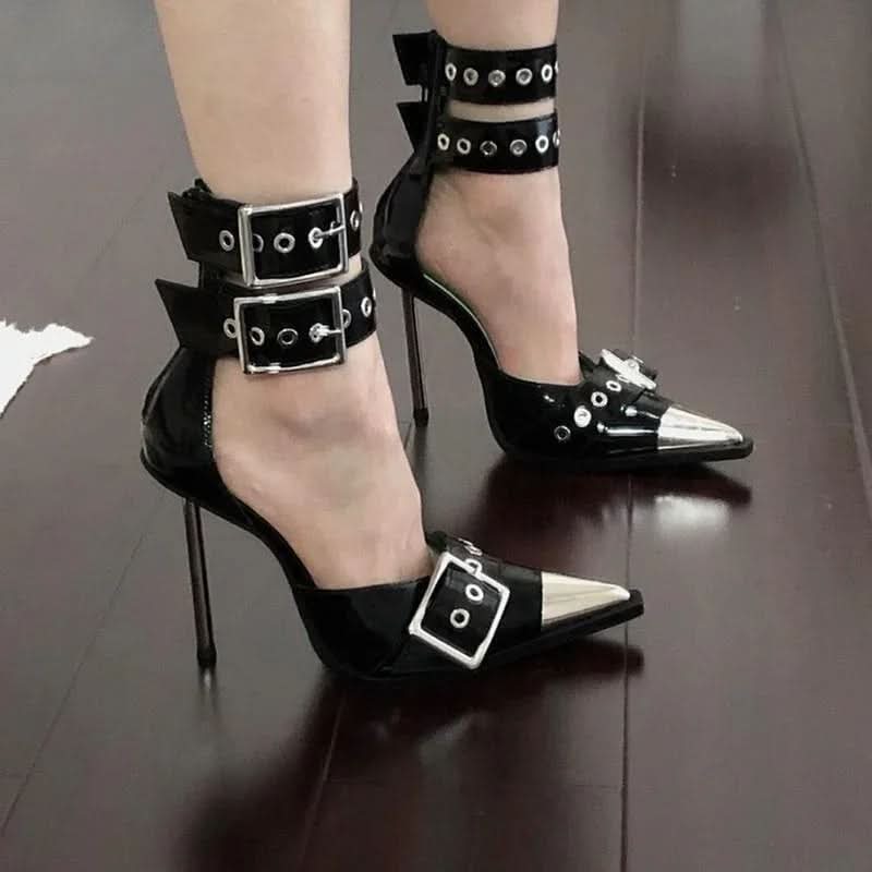 High Stiletto Heel Pointed Toe Multi Buckle Metal Toe Punk Heels Shoes Pleasures and Sins