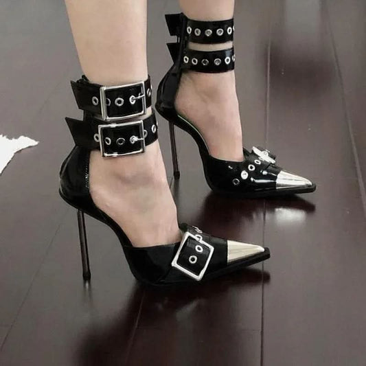 High Stiletto Heel Pointed Toe Multi Buckle Metal Toe Punk Heels Shoes Pleasures and Sins