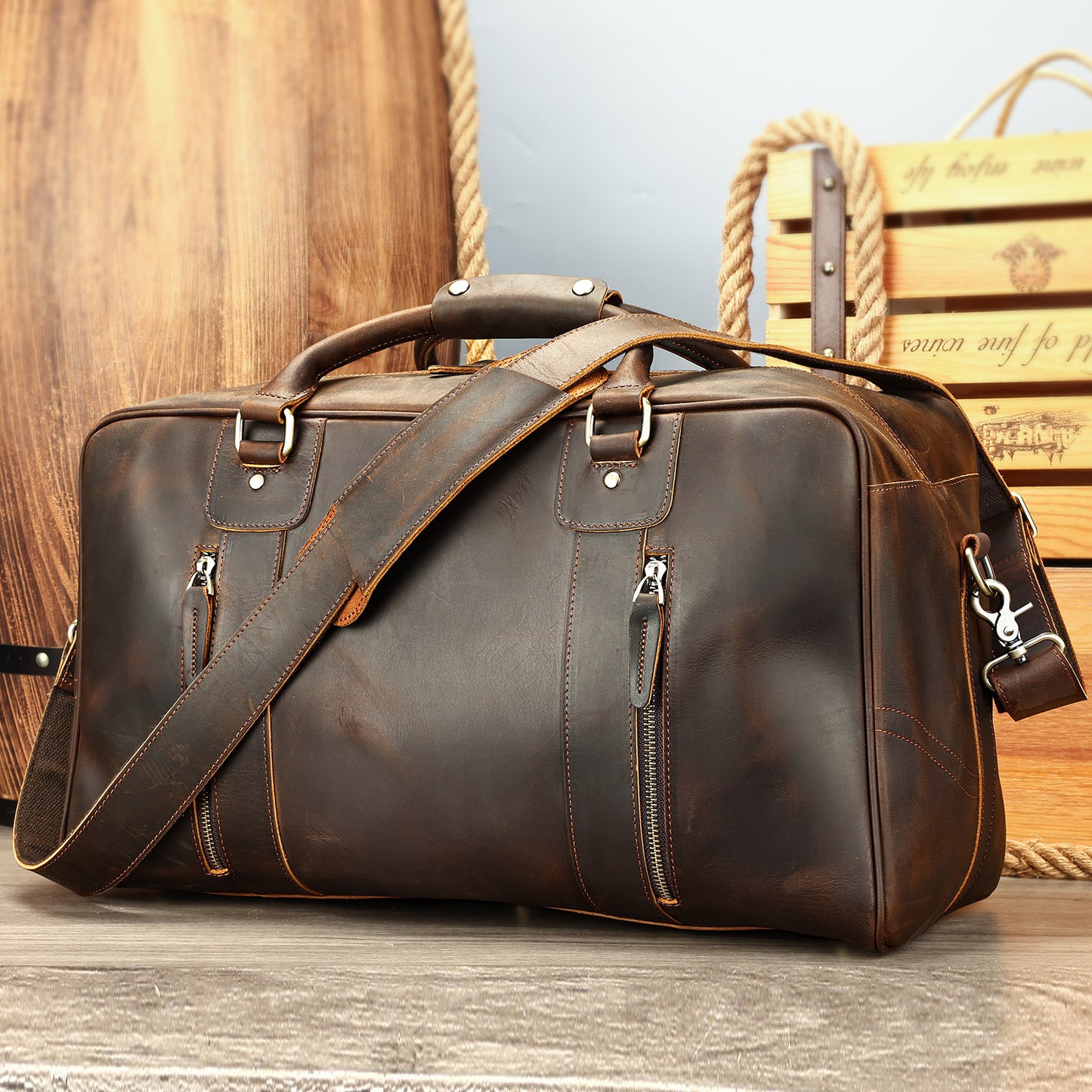 Mens Luxury Retro Genuine Leather Weekend Travel Bag Bag Pleasures and Sins Deep Coffee 48cmx23cmx28cm