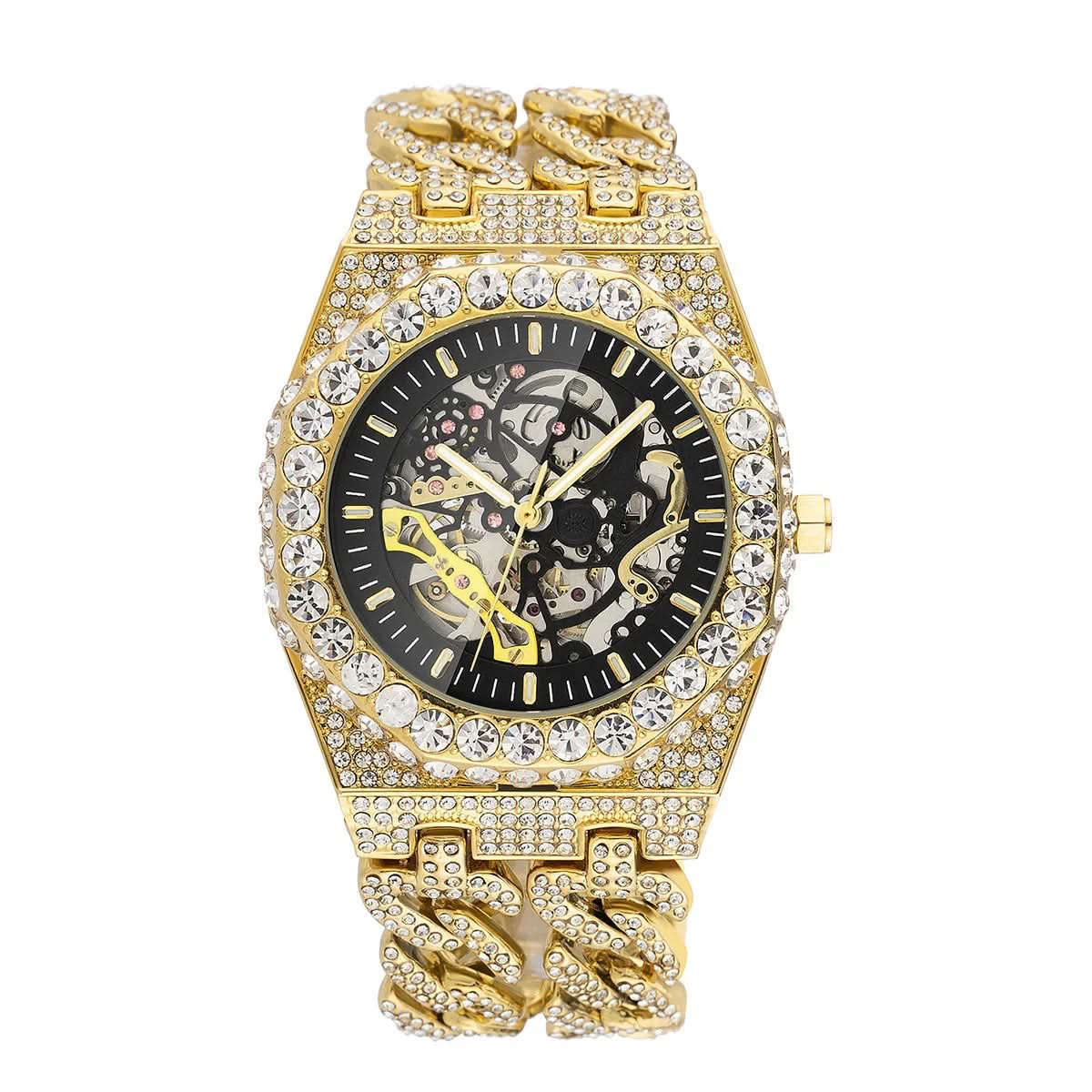 Full Diamond Cuban Link Watch - Automatic with Stunning Jewels Watch Pleasures and Sins Gold
