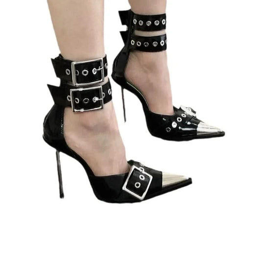 High Stiletto Heel Pointed Toe Multi Buckle Metal Toe Punk Heels Shoes Pleasures and Sins