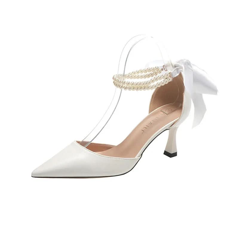 Ladies Pearl Chain Bow White Wedding Shoes Shoes Pleasures and Sins White 32