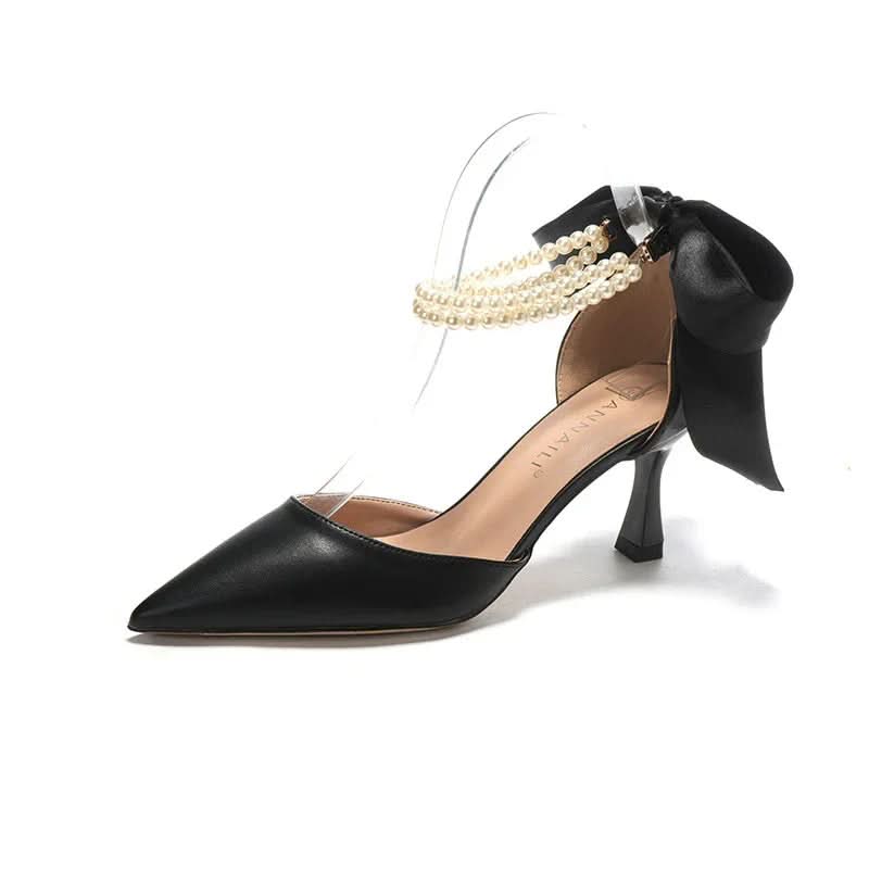 Ladies Pearl Chain Bow White Wedding Shoes Shoes Pleasures and Sins Black 32