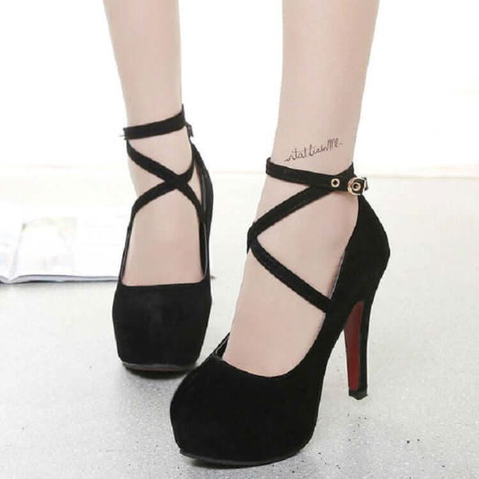 Womens Strappy Suede Shoes Round Toe Stiletto High Heels Shoes Pleasures and Sins 34 Black