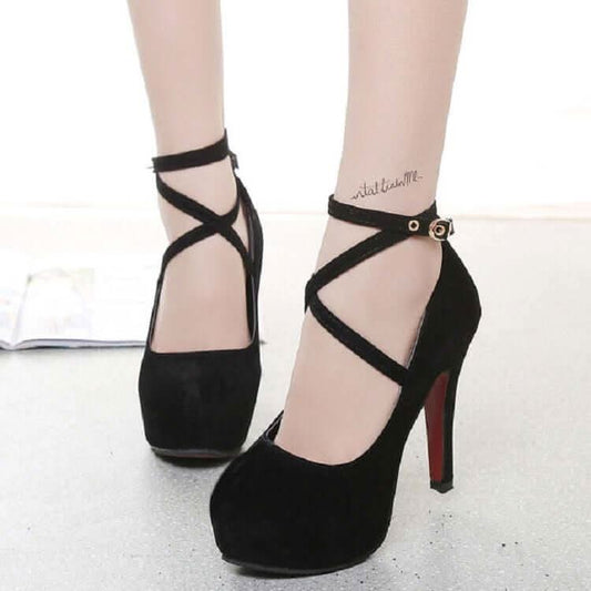Womens Strappy Suede Shoes Round Toe Stiletto High Heels Shoes Pleasures and Sins