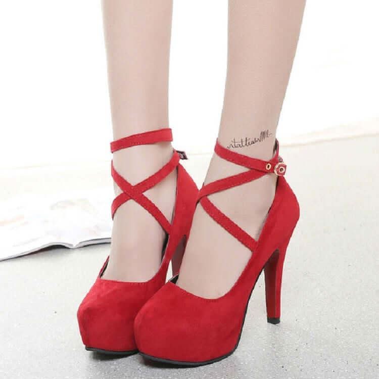 Womens Strappy Suede Shoes Round Toe Stiletto High Heels Shoes Pleasures and Sins 35 Red