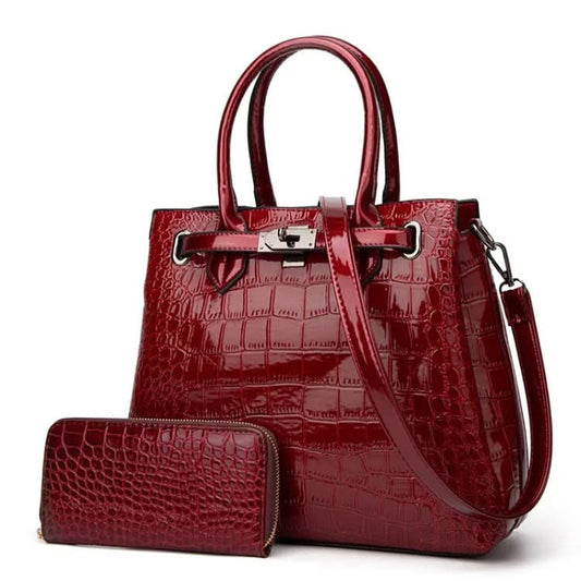 Crocodile Pattern Patent Handbag and Purse Set Large-Capacity Bag Pleasures and Sins Wine Red