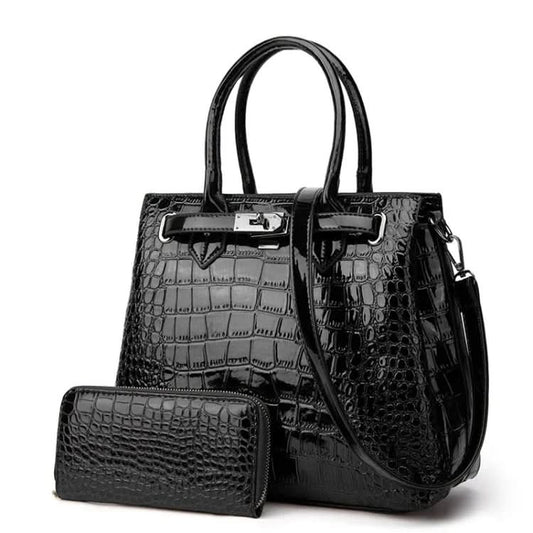 Crocodile Pattern Patent Handbag and Purse Set Large-Capacity Bag Pleasures and Sins Black
