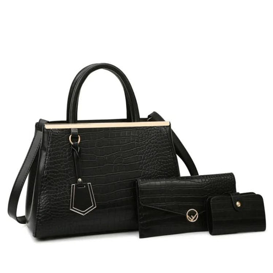 Womens Stone Pattern 3 Pc Handbag Purse Set Bag Pleasures and Sins 3-in-1 Black