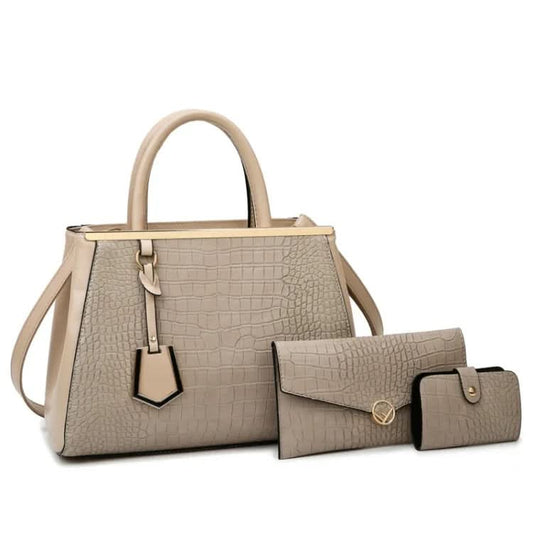 Womens Stone Pattern 3 Pc Handbag Purse Set Bag Pleasures and Sins 3-in-1 Khaki