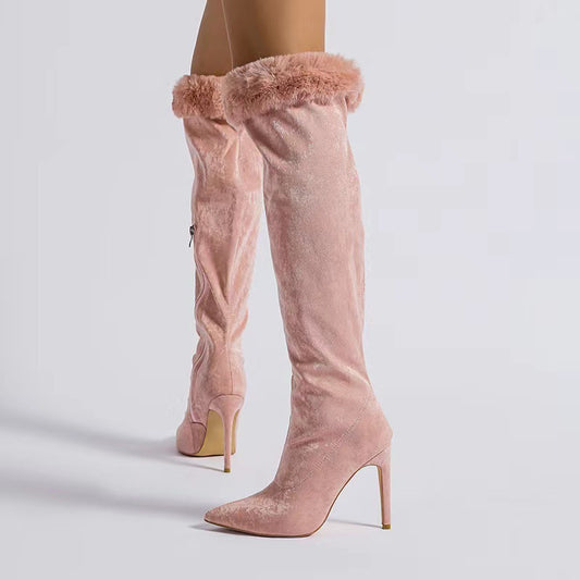 Ladies Pink Over Knee Fine High Heel Fur Edge Pointed Toe Boots