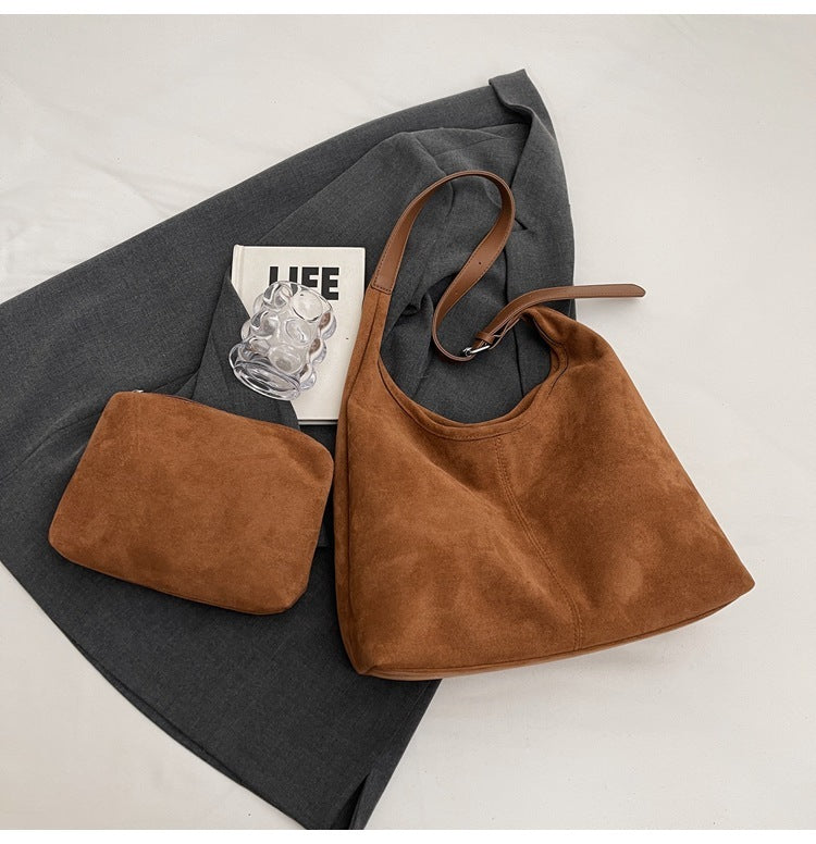 Autumn And Winter Faux Suede Large Capacity Bucket Tote Bag