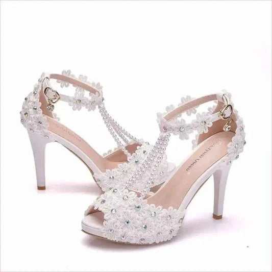 Beaded Floral Bridal Peep Toe High Heeled Sandals in White - Pleasures and Sins