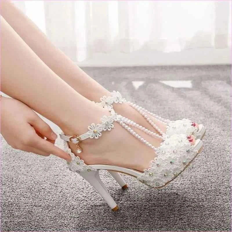 Beaded Floral Bridal Peep Toe High Heeled Sandals in White - Pleasures and Sins