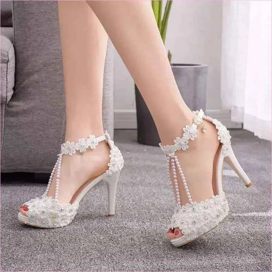 Beaded Floral Bridal Peep Toe High Heeled Sandals in White - Pleasures and Sins