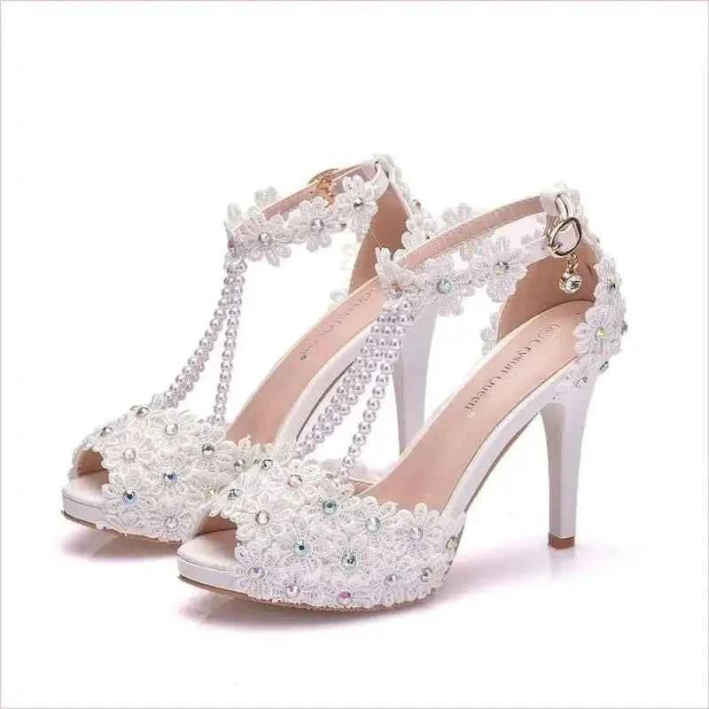 Beaded Floral Bridal Peep Toe High Heeled Sandals in White - Pleasures and Sins