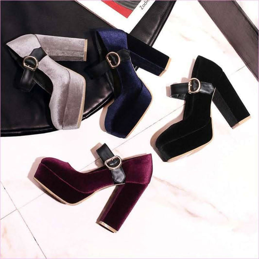 Beautiful Velour Block Heel Mary Jane Shoes for Stylish Comfort - Pleasures and Sins