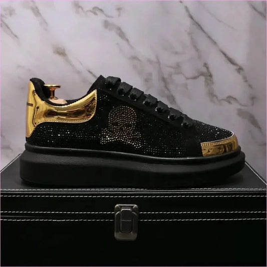 Black Casual Shoes with Gold Rhinestone Skull Design - Pleasures and Sins