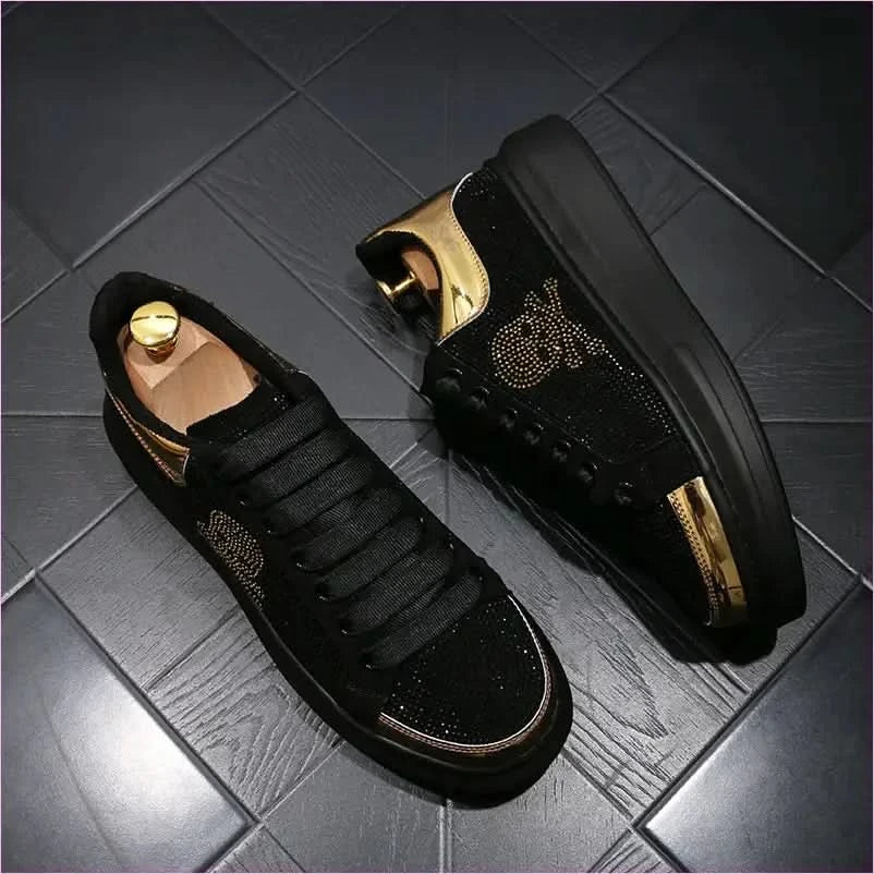 Black Casual Shoes with Gold Rhinestone Skull Design - Pleasures and Sins