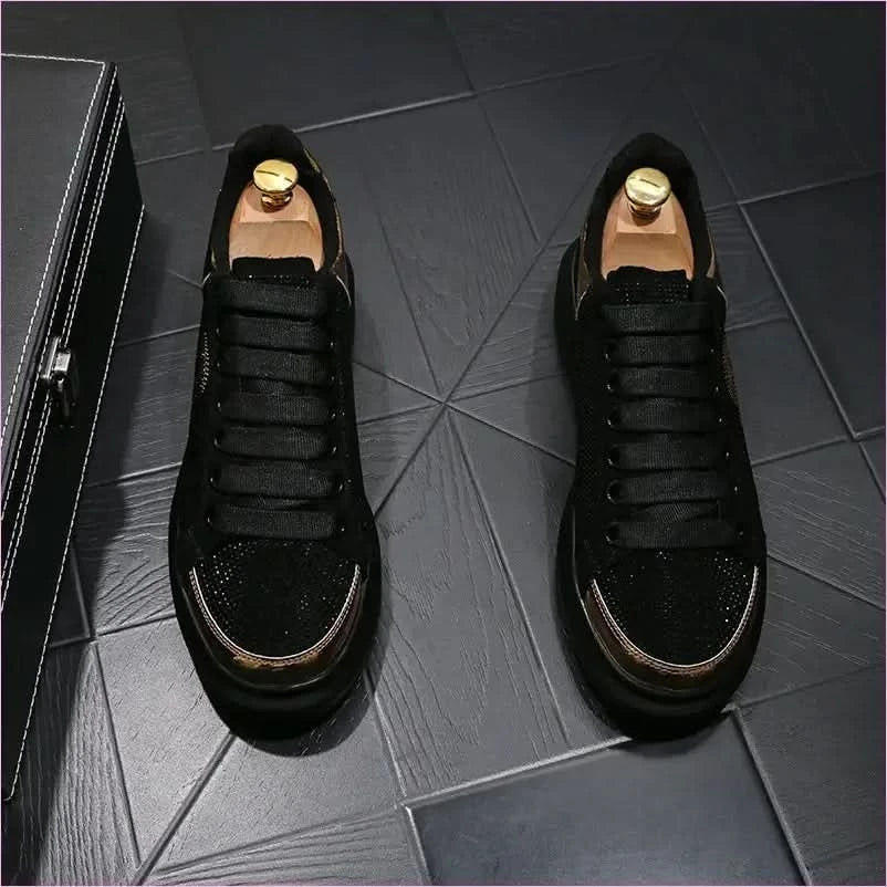 Black Casual Shoes with Gold Rhinestone Skull Design - Pleasures and Sins