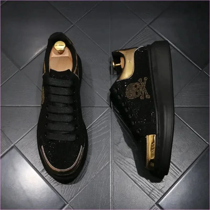 Black Casual Shoes with Gold Rhinestone Skull Design - Pleasures and Sins