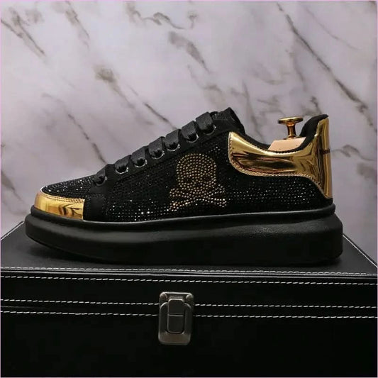 Black Casual Shoes with Gold Rhinestone Skull Design - Pleasures and Sins
