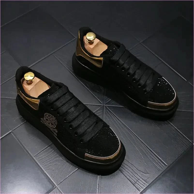 Black Casual Shoes with Gold Rhinestone Skull Design - Pleasures and Sins