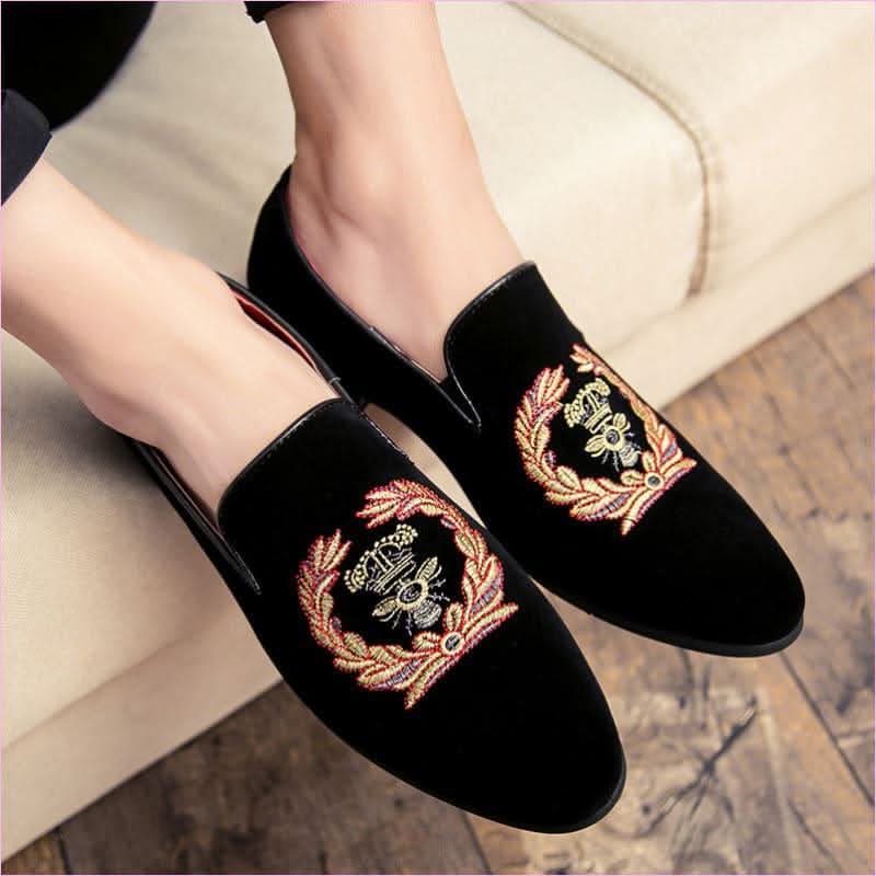 Black Embroidered Men’s Velvet Loafers with Military Motif - Pleasures and Sins
