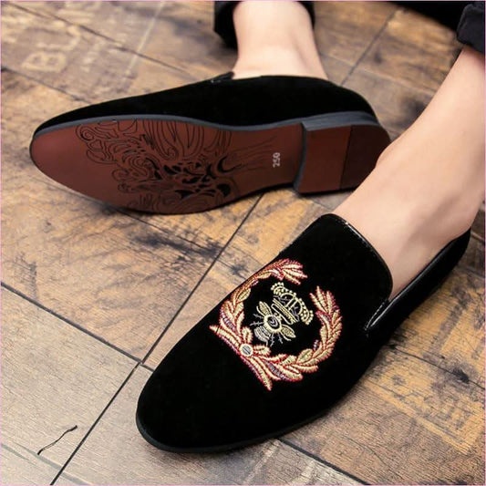 Black Embroidered Men’s Velvet Loafers with Military Motif - Pleasures and Sins