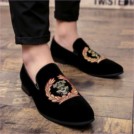Black Embroidered Men’s Velvet Loafers with Military Motif - Pleasures and Sins