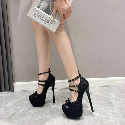 Black Glittery Bow Fronted Platform Stiletto Heels with Ankle Straps - Pleasures and Sins