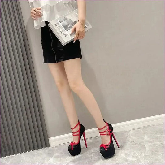 Black Glittery Bow Fronted Platform Stiletto Heels with Ankle Straps - Pleasures and Sins