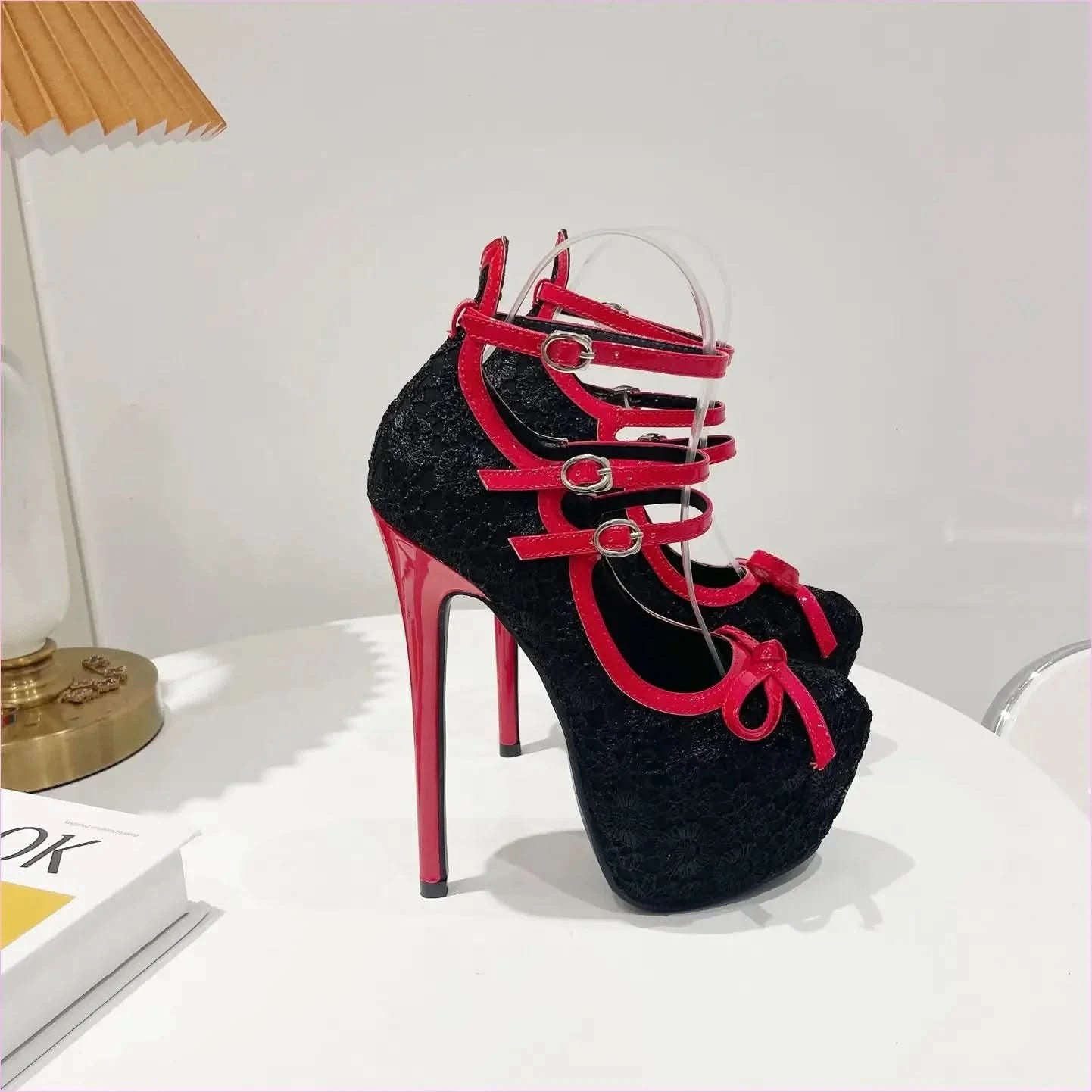 Black Glittery Bow Fronted Platform Stiletto Heels with Ankle Straps - Pleasures and Sins