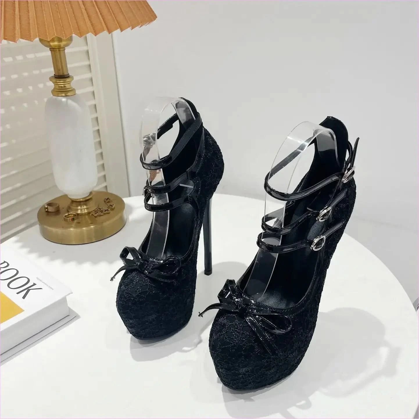 Black Glittery Bow Fronted Platform Stiletto Heels with Ankle Straps - Pleasures and Sins