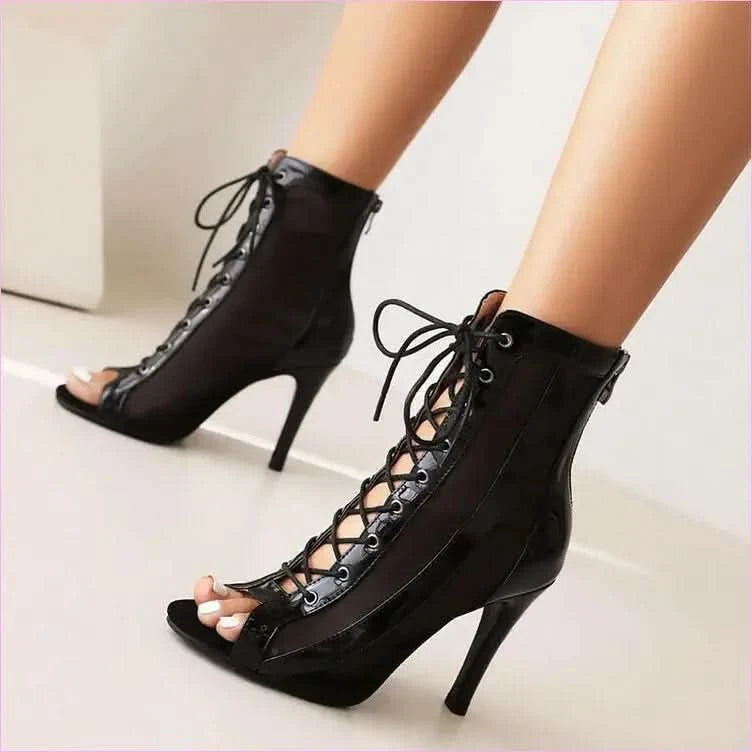 Black High Heel Open Toe Short Lace Up Patent Boots for a Chic Look - Pleasures and Sins