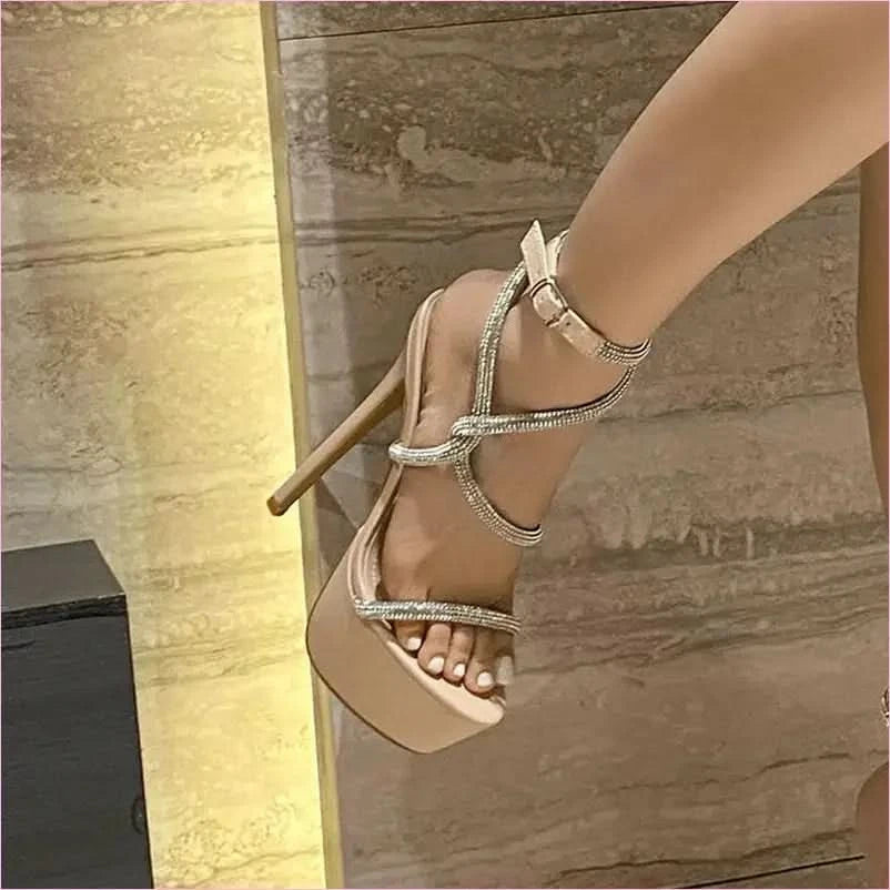 Black High-heeled Waterproof Platform Rhinestone Catwalk Sandals - Pleasures and Sins