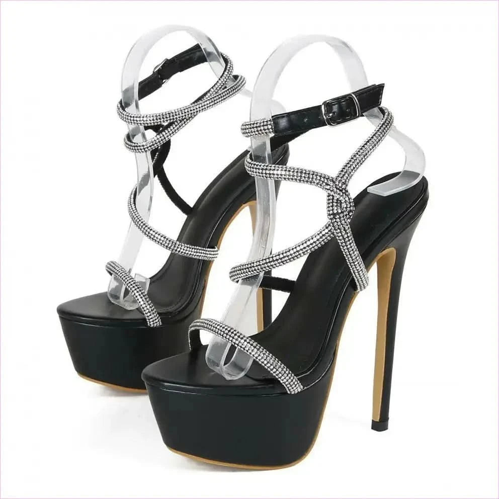 Black High-heeled Waterproof Platform Rhinestone Catwalk Sandals - Pleasures and Sins