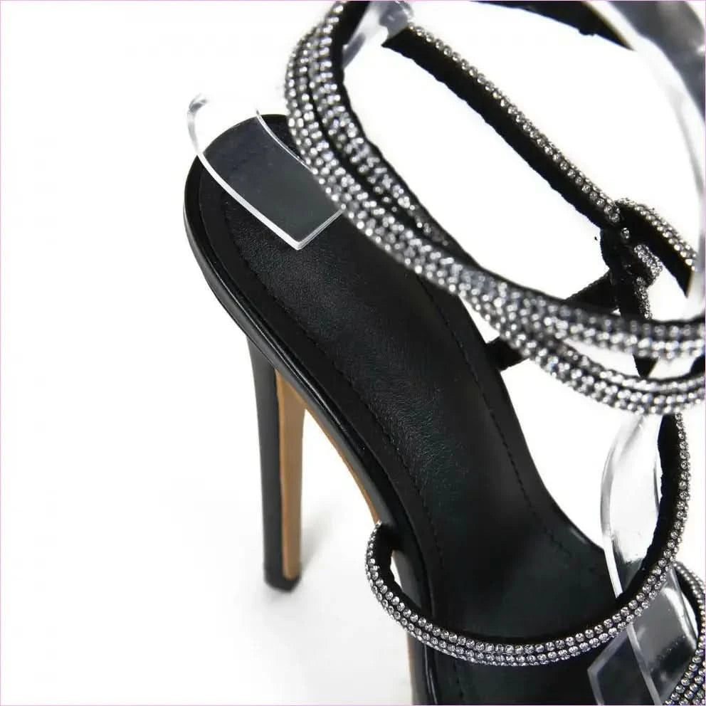 Black High-heeled Waterproof Platform Rhinestone Catwalk Sandals - Pleasures and Sins