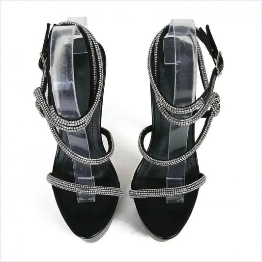Black High-heeled Waterproof Platform Rhinestone Catwalk Sandals - Pleasures and Sins