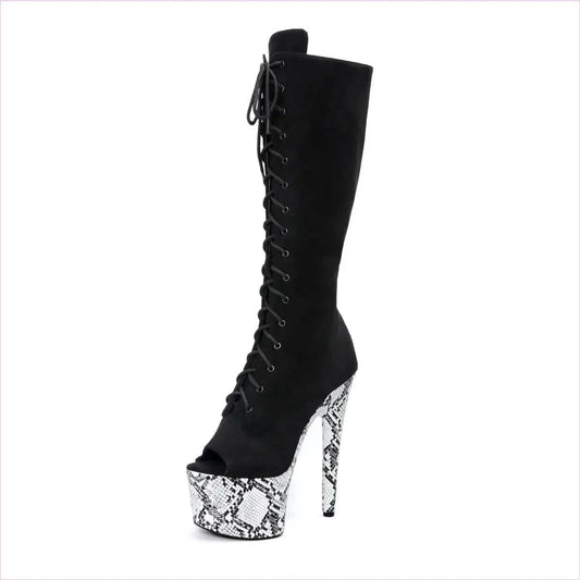 Black High Platform Heel Peep Toe Knee High Boots with Lip Prints - Pleasures and Sins
