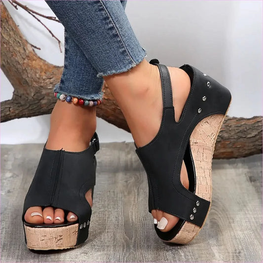 Black High Wedge Studded Sandals for Ladies Open Toe Style - Pleasures and Sins